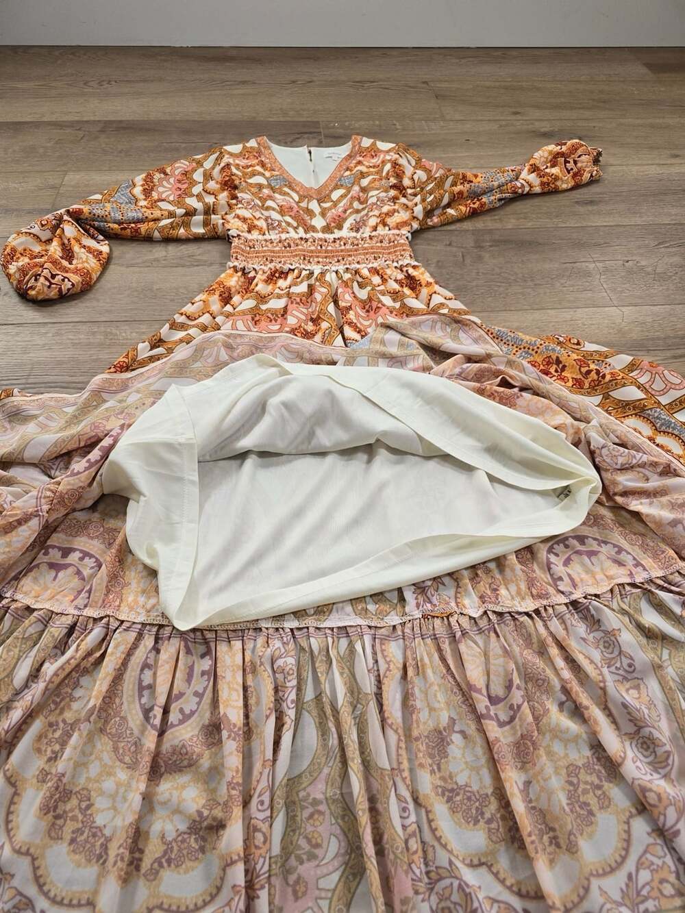Bohme Orange Paisley Smocked Maxi Dress Long Balloon Sleeve Boho Small - Picture 9 of 13